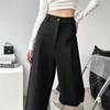 Gray High-Waisted Wide-Leg Pants for Petite, Loose Casual Commuter Style, Floor-Length for Spring/Autumn.