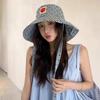 Love Patch Strap Fisherman Hat Sweet Checked Fisherman Hat Large Brim UV Foldable