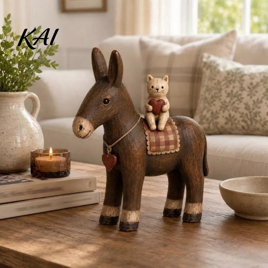 Living Room Tabletop Decor Rustic Donkey Resin Figurine, Farmhouse Style with Cat Shelf Ornaments Decoration, Vintage Country Animal Statue
