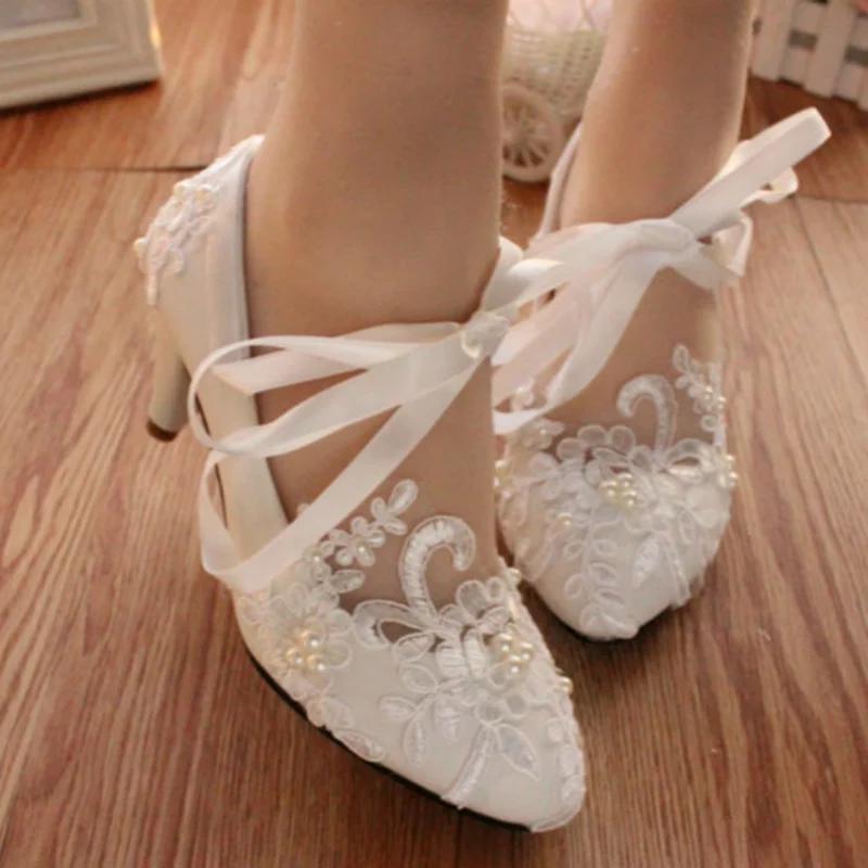 Fashion White Lace-Up Flower Wedding Bridal Shoes Design Pearl Spike Heels Pumps Women Round Toe Platform High Heels Luxury Prom Shoes