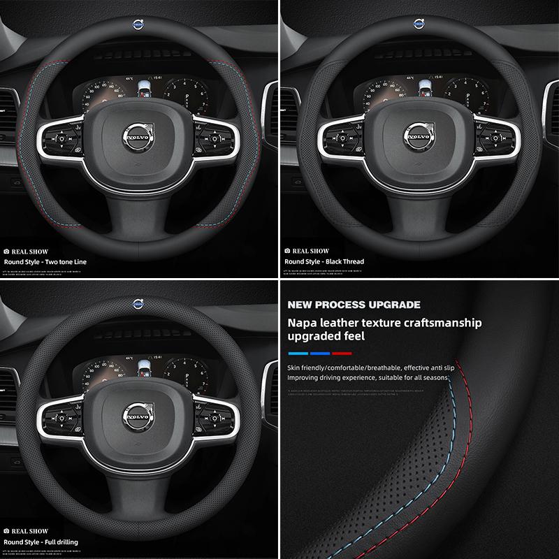 Car Leather Steering Wheel Cover Breathable Non Slip Protect Hood For Volvo Xc60 Xc90 V40 V60 S60 V50 V90 S80 C40 XC40 Rdesign