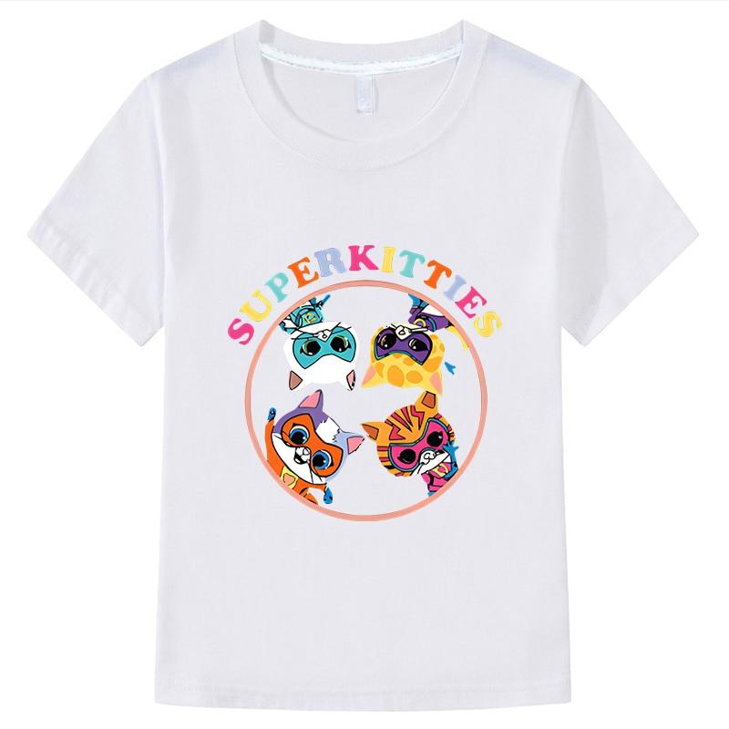 Футболка SuperKitties, короткие топы из 100% хлопка, одежда для мальчиков и девочек y2k, цельная повседневная детская одежда в стиле аниме, летняя детская одежда