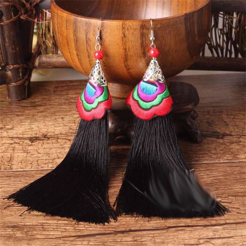 Вышитые серьги с кисточками в стиле ретро, ​​длинные этнические серьги с кисточками в этническом стиле