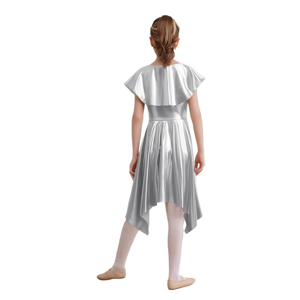 Girls Praise Dance Metallic Tunic Asymmetrical Hem Belted Choir Dress Performance Gown