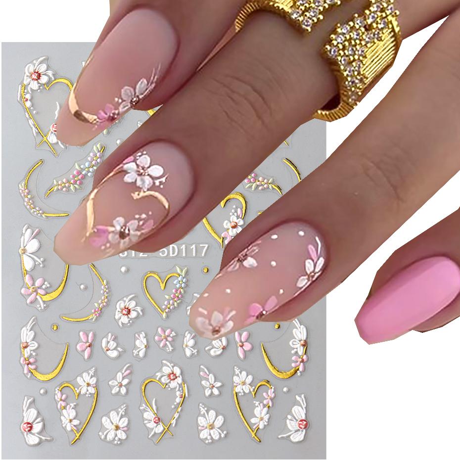Xiaomi 5D Embossed White Floral Gold Line Sliders Spring Pink Flowers Nail Stickers DIY Simple Petals Wedding Nails Decals Accesories