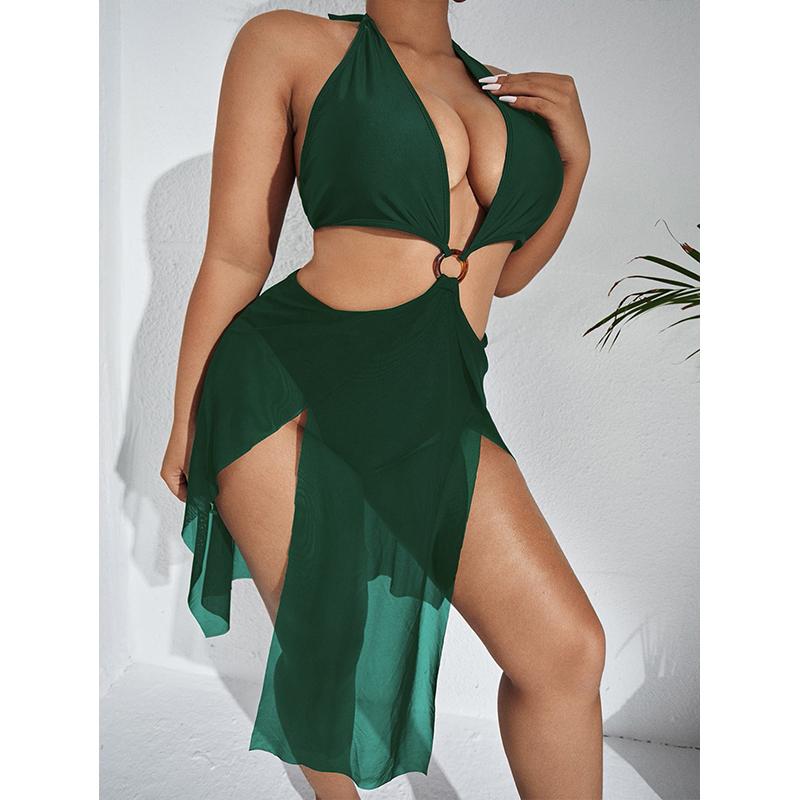 Плюс размер Кольцо Связанное Контрастная сетка Цельный купальник Сексуальное бикини Монокини