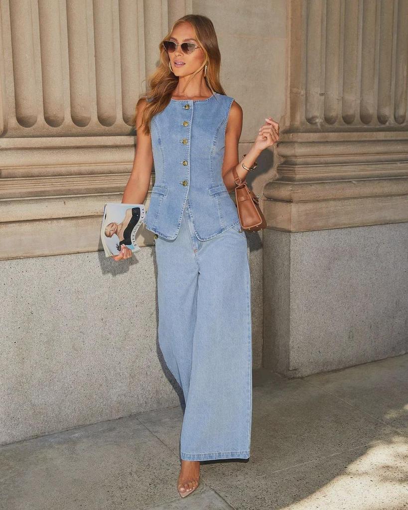 Евро-американская мода безрукавка с широкими джинсами джинсовый костюм