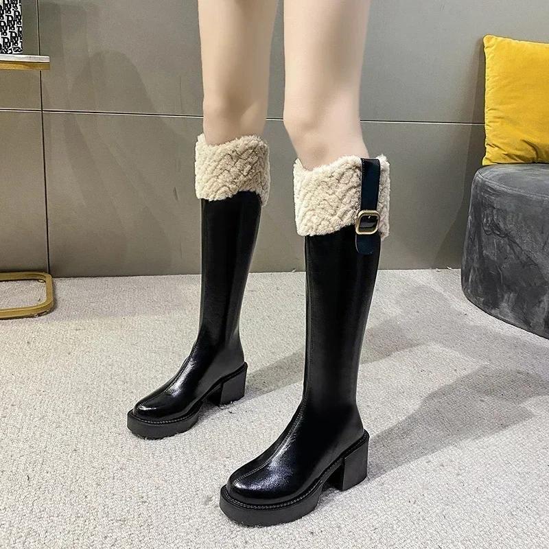 Winter Knee High Brown Long Boots Comfort Square Heel Zip Belt Buckle Platform Boots for Women Plush Edge Warm Gothic Shoes