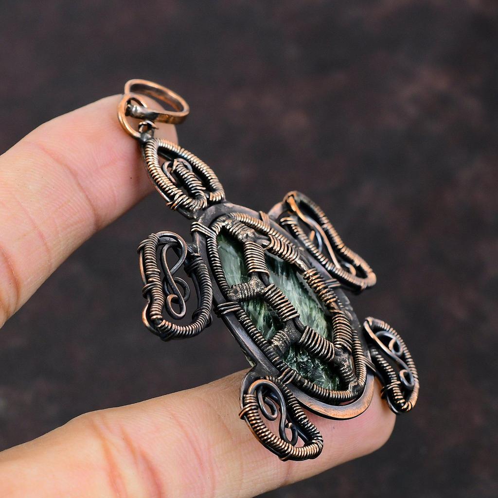 Подвеска из серафинита, подвеска, оплетенная медной проволокой, украшения из серафинита, подвеска с драгоценным камнем, подвеска с черепахой, медные украшения ручной работы, подарок для нее