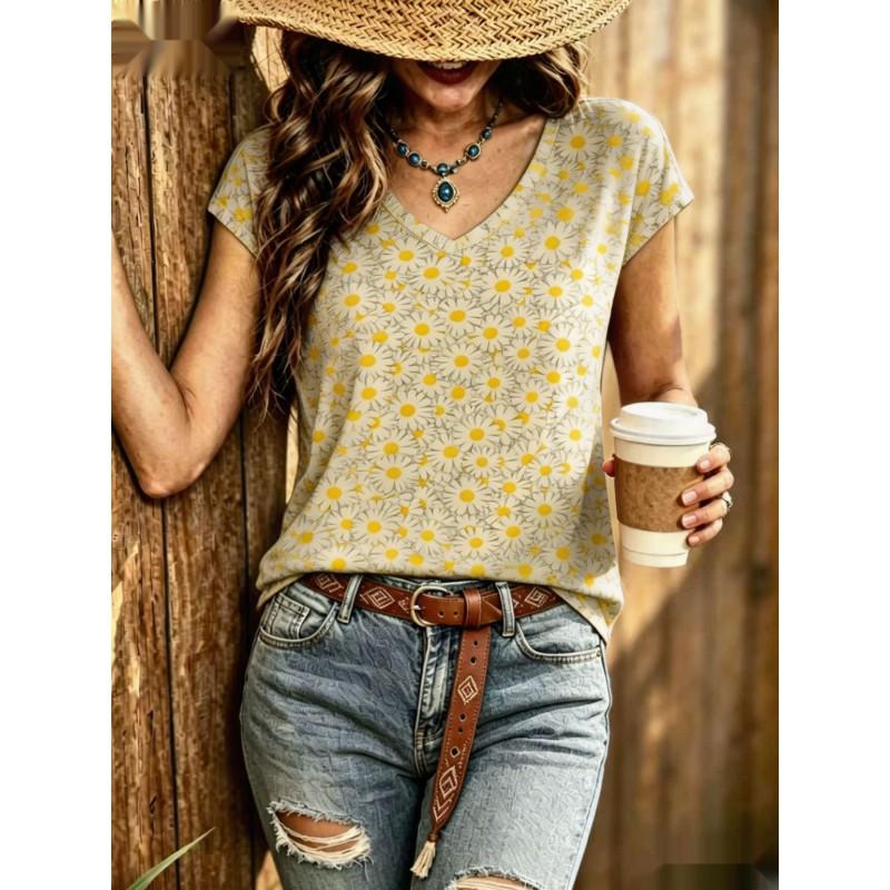Womens V-Neck Short Sleeve Loose T-Shirt With Colorful Polka Dot Print Casual Oversized Top Daily Wear