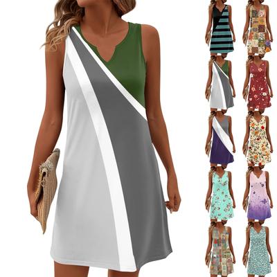 Женские летние платья с V-образным вырезом и принтом без рукавов Сарафан Повседневное платье
