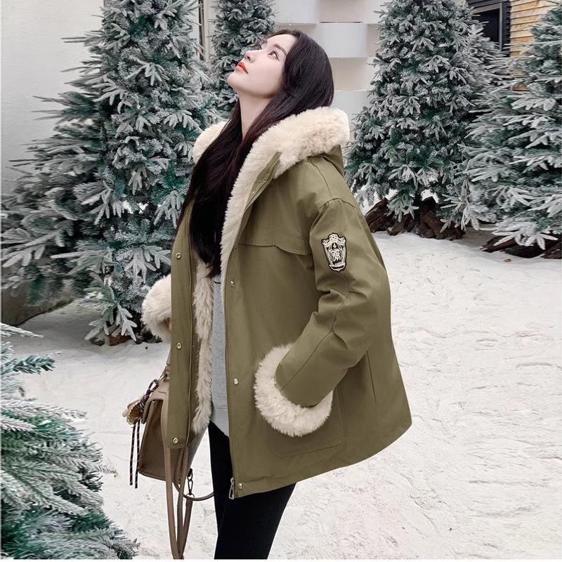 Куртка из овечьей шерсти с капюшоном и плюшевой подкладкой Зимняя Новая Пуховая куртка Женская Рабочая одежда Хлопковая куртка