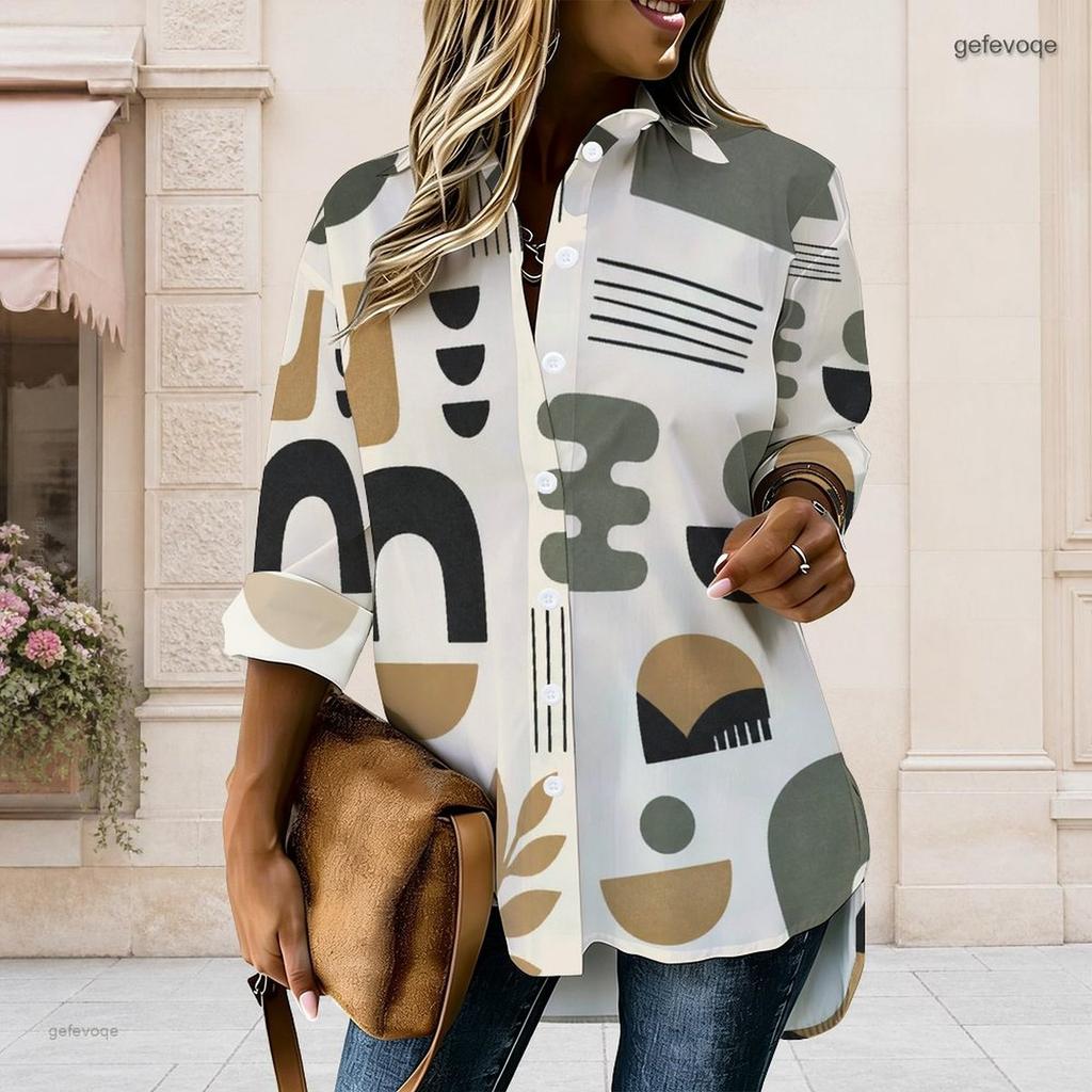 Women Plus Size Printed Collared Long Sleeve Shirt Red Black White Button Front High Low Curved Hem