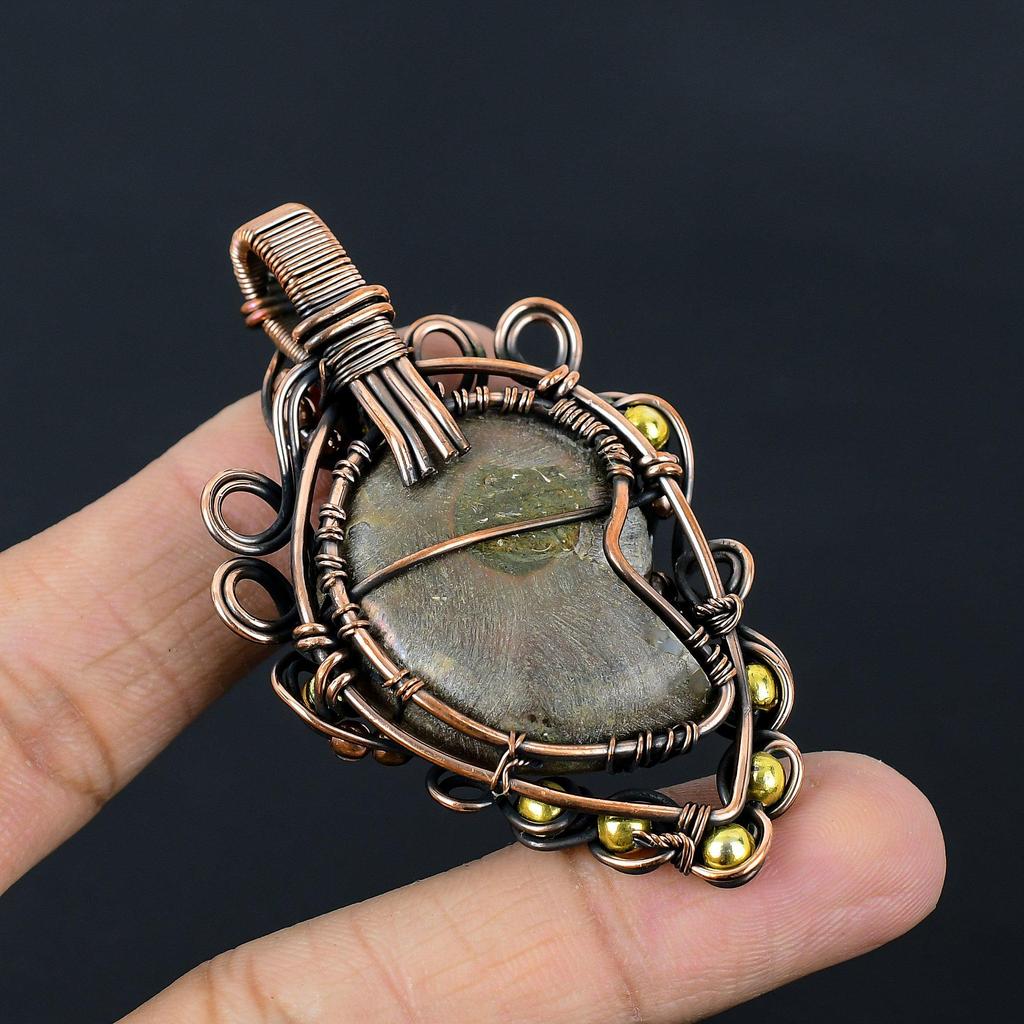 Tree Of Life Ammonite Fossil Gemstone Handmade Copper Wire Wrap Jewelry Pendant
