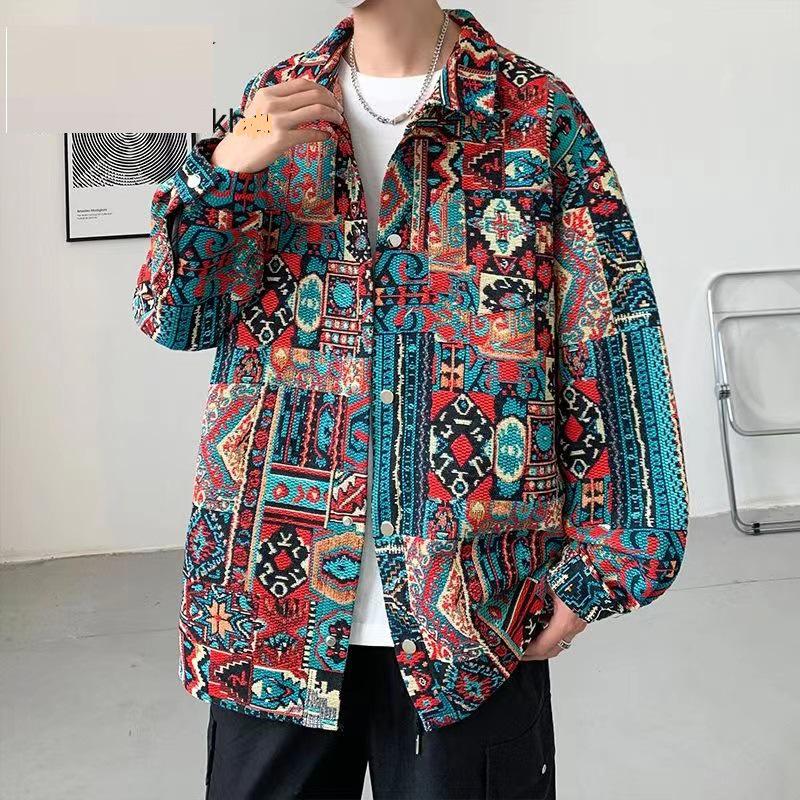 Men's Korean-Style Jacquard Casual Jacket - Autumn/Winter Ethnic Yarn-Dyed Loose Fit