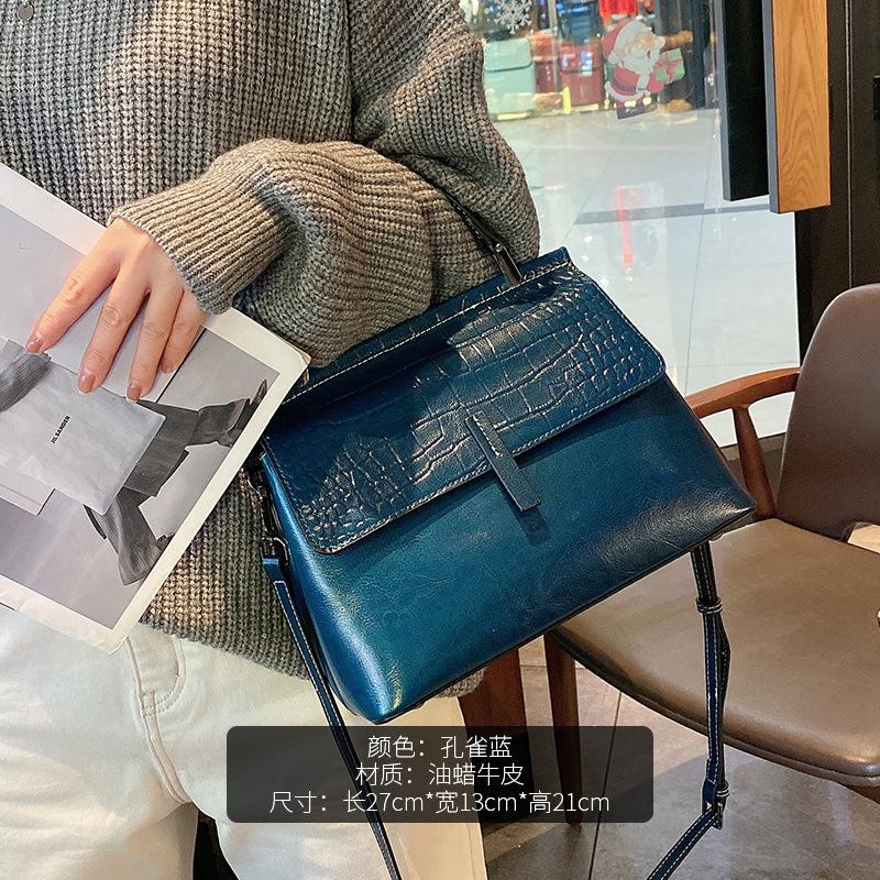 New Oil Wax Cowhide One-shoulder Diagonal Strap Bag Genuine Leather Women's Bag Crocodile Pattern Fashionable Temperament Women's Handbag