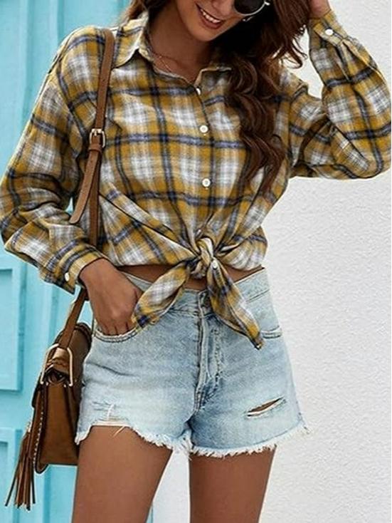 2026 Retro Plaid Yellow Women's Long Sleeve Slimming Top