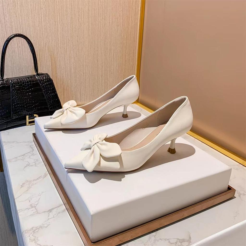 Shoes for Women 2024 Stilito Ladies Summer Footwear Green Pointed Toe with Bow Medium Heels Evening Slip On Popular High Quality