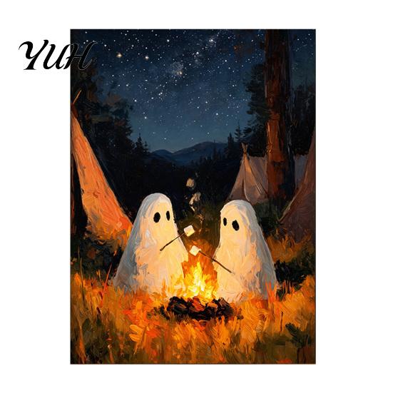 Retro Halloween Decor Vintage Cute Ghost Canvas Wall Art, Spooky 2 Ghosts Campfire Autumn Seasonal Art Hanging Poster, Gothic Decoration for