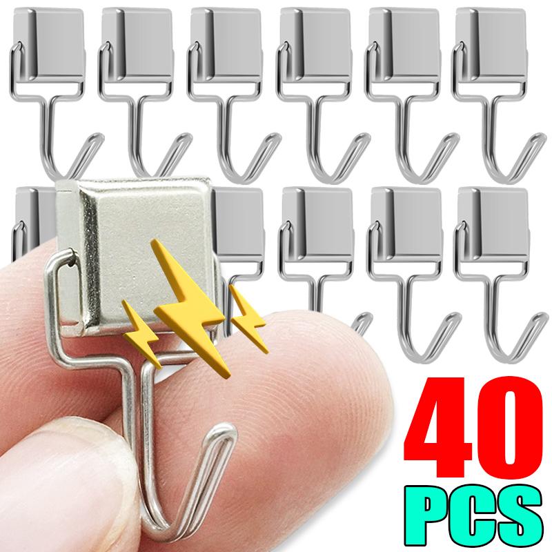 40/1PCS Strong Magnetic Hook 180° Rotating Hooks Silver Neodymium Wall-mounted Hanger Bathroom Kitchen Refrigerator Hanging Tool