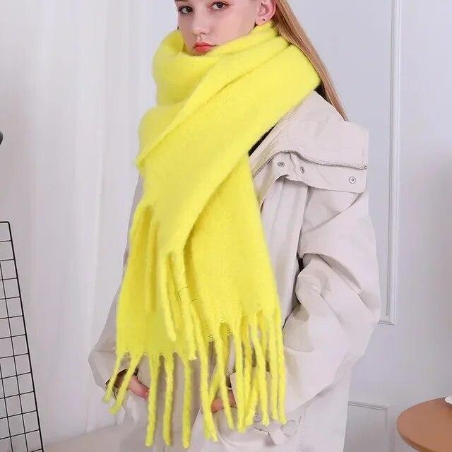 Женский толстый шаль, шарф, зимние теплые модные однотонные шарфы из пашмины, длинные хиджабы с кисточками, палантины Bufanda Mujer