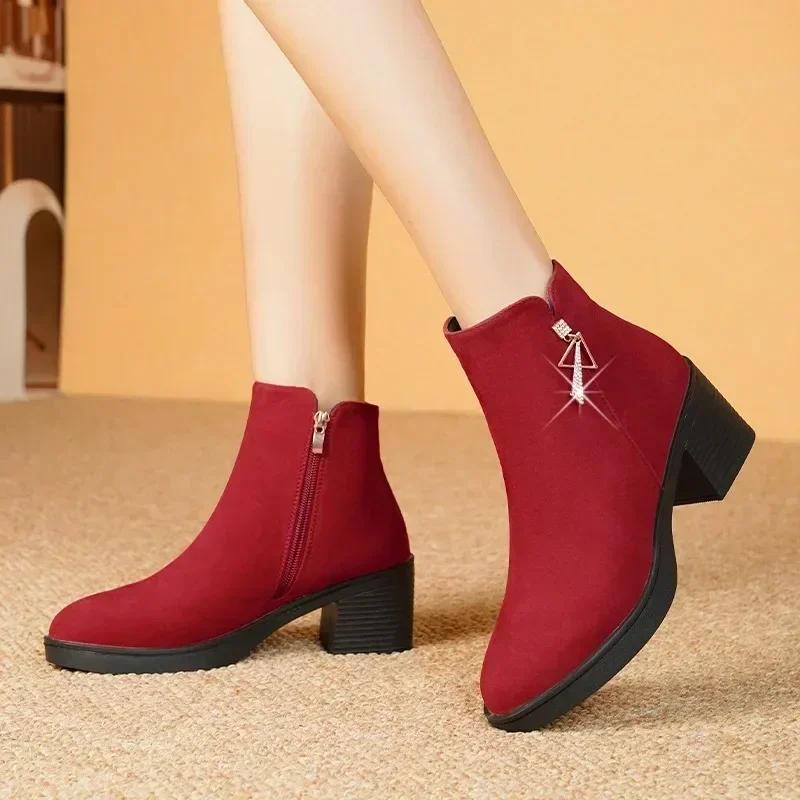 Мода 2025 Новая осенне-зимняя мода Однотонные ботильоны Круглый носок Квадратный каблук Боковая молния Однотонные повседневные ботинки Сохраняют тепло 35-41