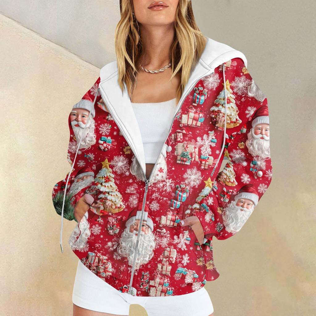 Ladies Fashion Casual Christmas Print Sweatshirt Autumn Winter Long Sleeve Cardigan Jacket With Pocket Zipper Hoodie Jacket