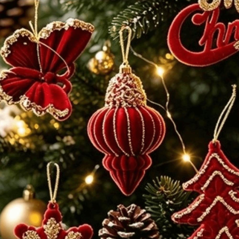 Red Flocked Velvet Christmas Tree Ornament Glitter Trim Xmas Pendant Tree Hanger Festival Layout