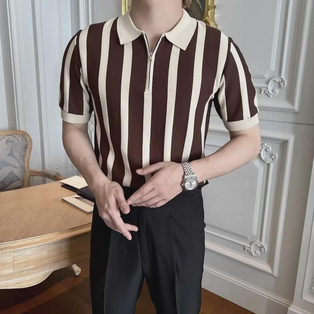 Мужская летняя полосатая рубашка-поло Slim Fit Ice Silk