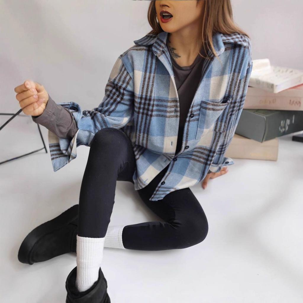 European and American woolen plaid shirt women's retro outer wear versatile top autumn and winter thickened polished jacket shirt