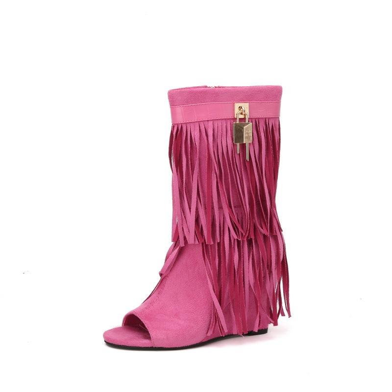 Fashion Designer Fringe Wedges Boot Sandals Woman High Heels Open Toe Party Prom Shoes 2025 Sexy Zipper Female Pumps Women Boots