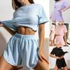 Summer 2 Piece Pajamas Set for Women Eyelet Short Sleeve Crop Top