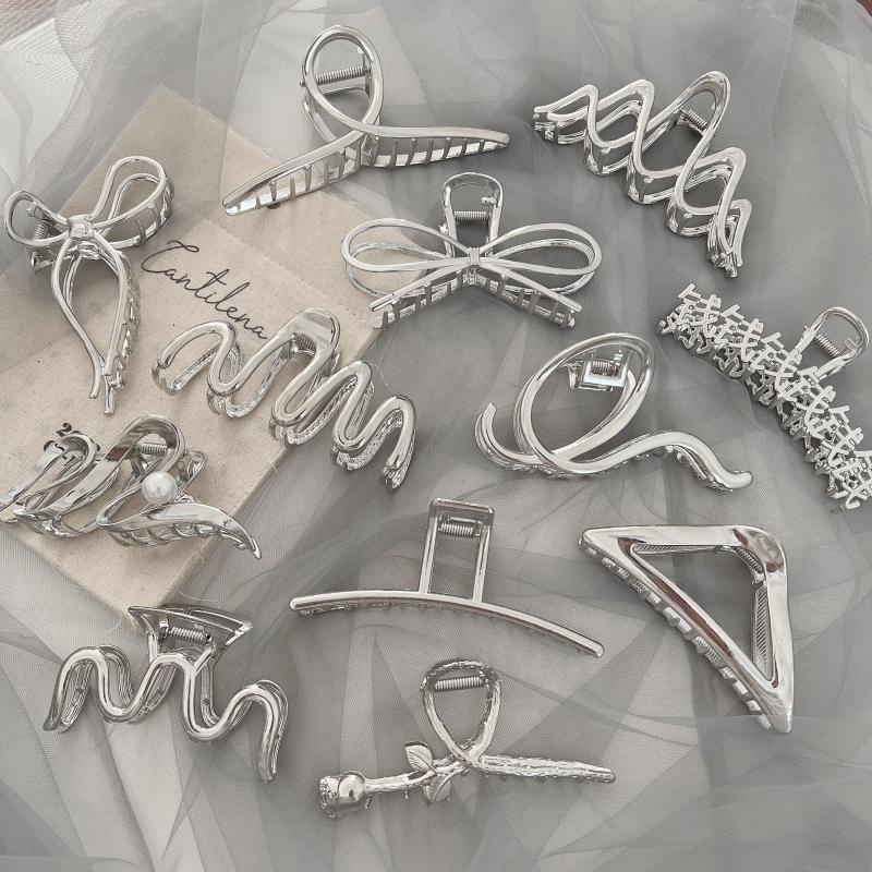 Большая металлическая заколка-акула серебристого цвета для густых волос - Женский аксессуар для волос