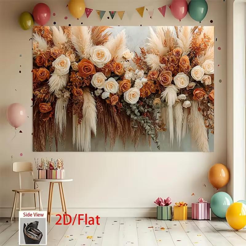 2D Warm Tone Boho Floral Backdrop, Photography Background for Engagement Parties & Autumn Themed Shoots