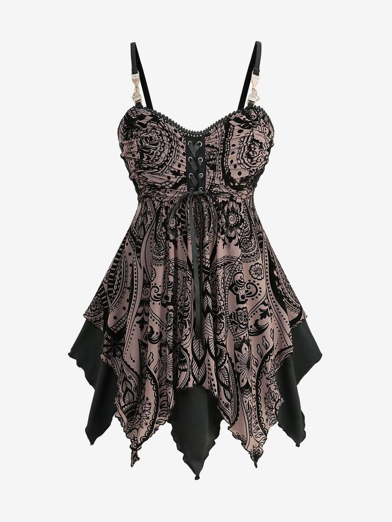 Rosegal Plus Size Floral Mesh Flocking Lace Up Layered Handkerchief Cami Top