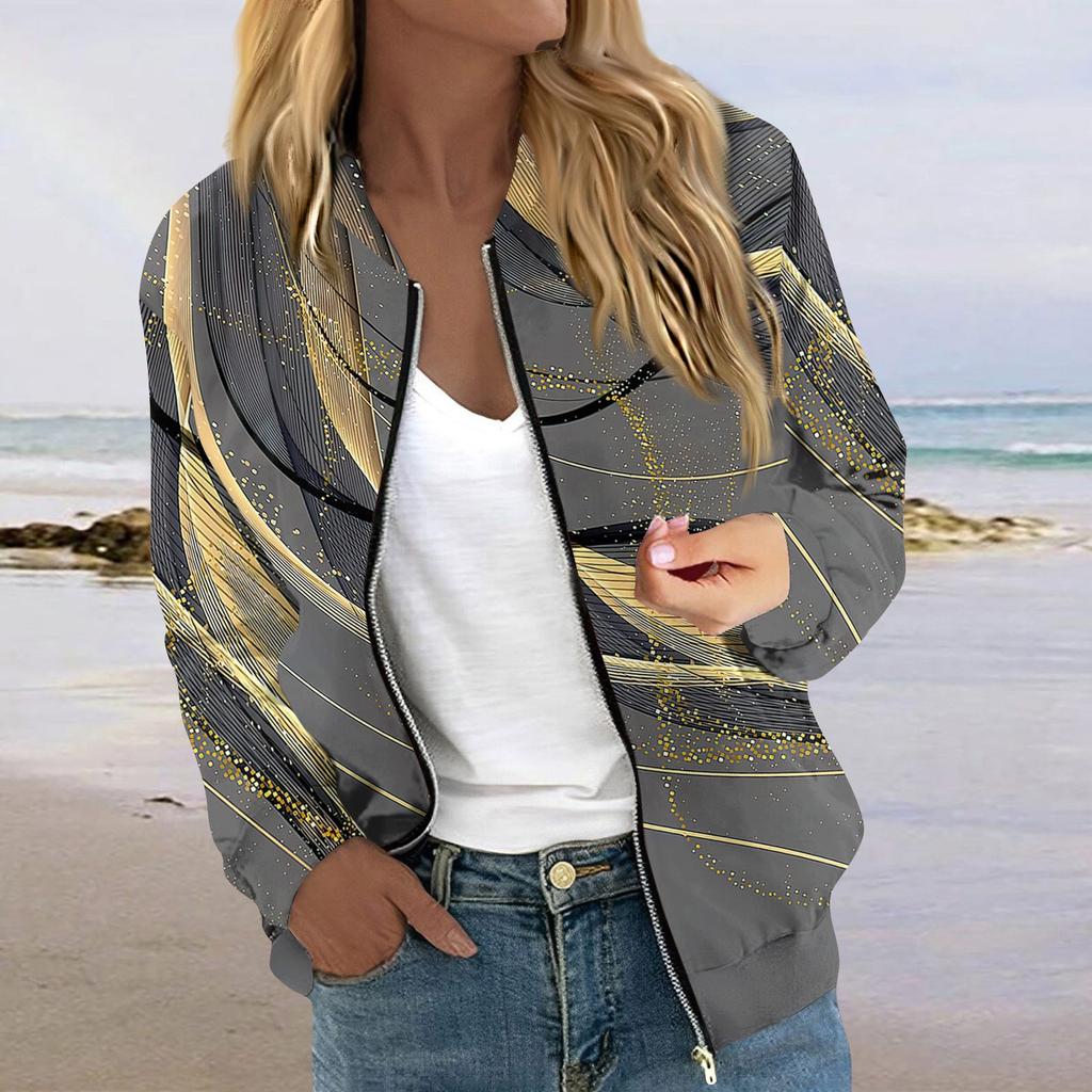 Женская модная повседневная куртка на молнии с длинным рукавом с принтом и круглым вырезом