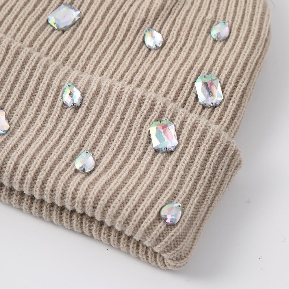 Solid Color Beanie Hat Punk-style Rhinestone-adorned Hat Fashionable Pullover Knit Cap Winter