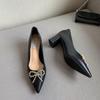 Fashion Crystal Bowtie Shoes Ladies Office Work Chunky High Heels Bridesmaid Wedding Pumps Woman Wedges Pointy Toe Mary Jeans Mujer