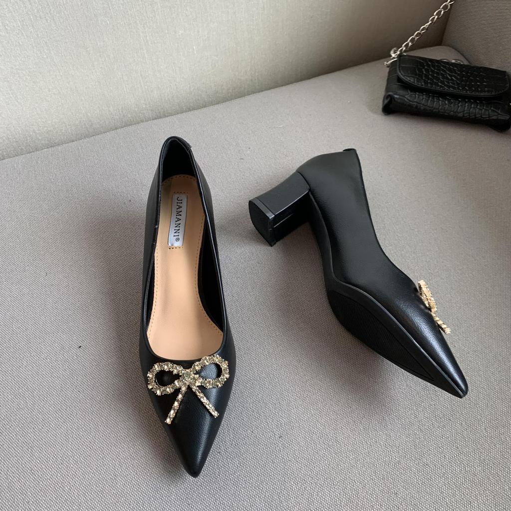 Fashion Crystal Bowtie Shoes Ladies Office Work Chunky High Heels Bridesmaid Wedding Pumps Woman Wedges Pointy Toe Mary Jeans Mujer