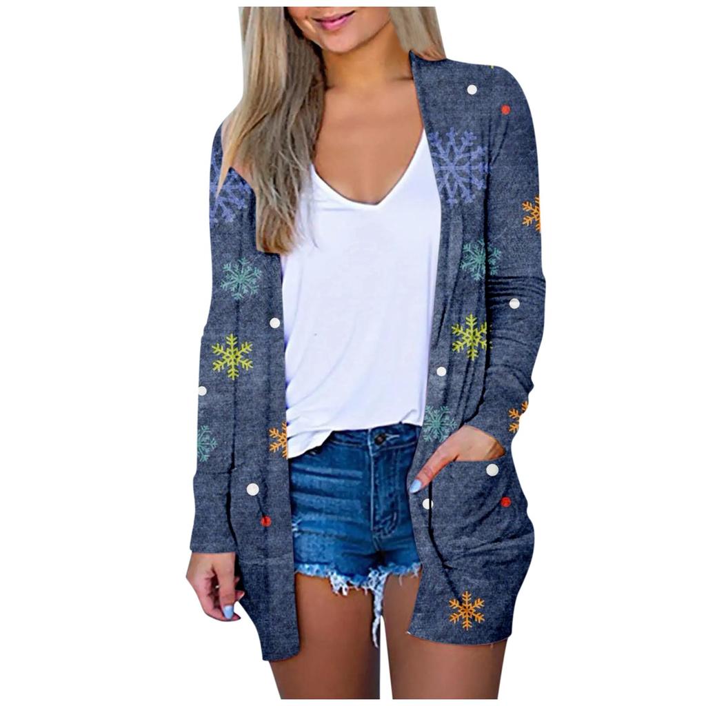 Женская модная повседневная куртка-кардиган с рождественским принтом средней длины, пальто