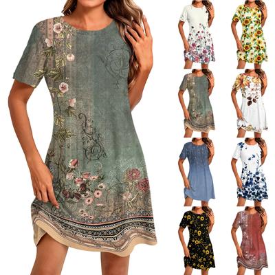 Женское модное повседневное платье с круглым вырезом и коротким рукавом