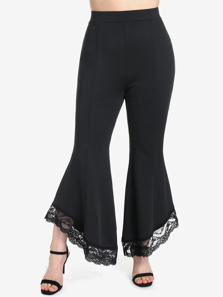 Брюки-клеш с высокой талией и кружевными вставками Rosegal Plus Size