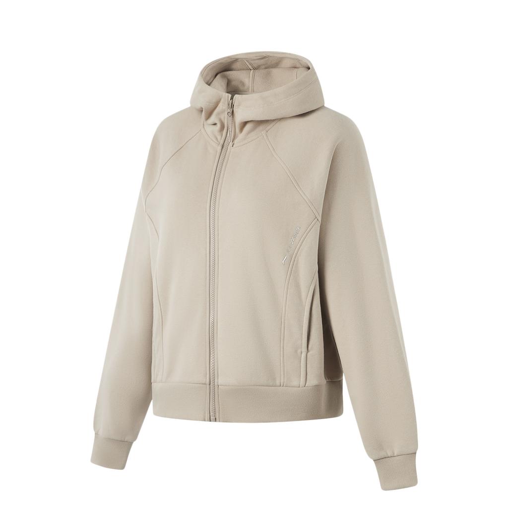 Теплый кардиган с капюшоном и флисовой подкладкой Li Ning Fitness Series, реглан, длинный рукав, женская толстовка, цвет пыльно-серый AWDU562-4