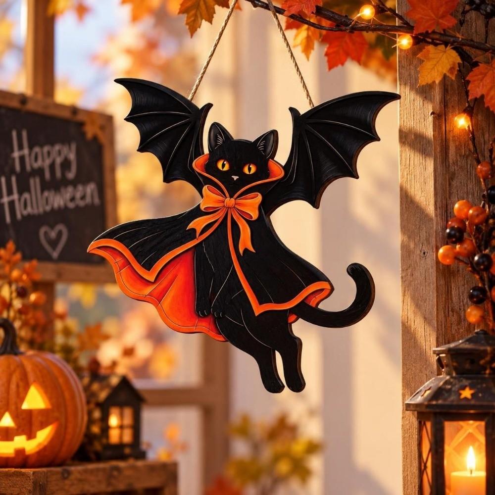 2D Flat Black Cat Pendant Wooden Hanging Decoration Sign Halloween Bat Welcome Sign Door Hanging
