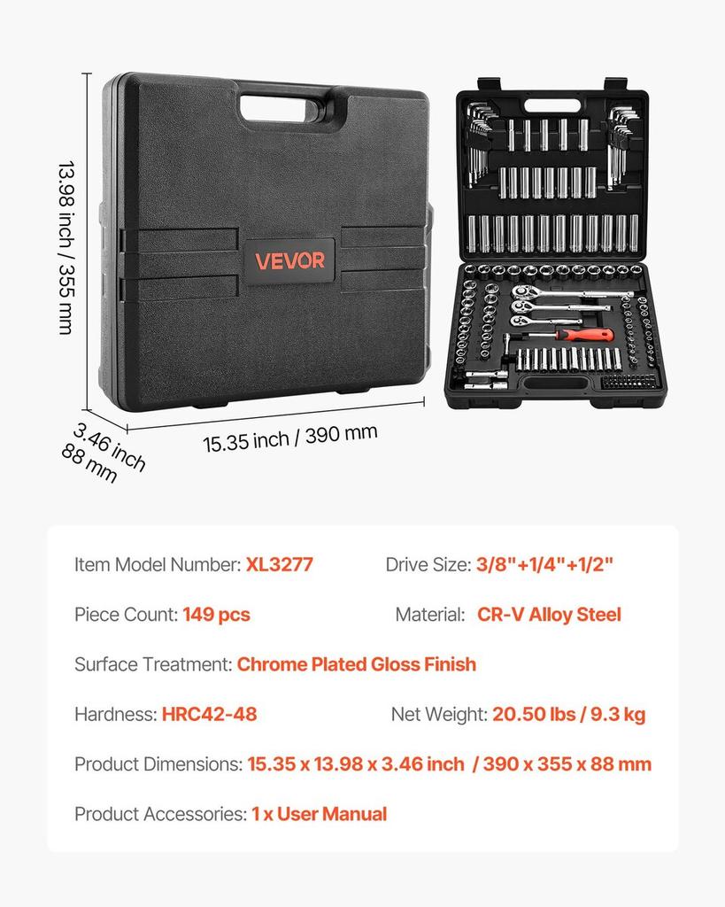 Socket Set, 149 Pieces, 9.5 & 6.4 & 12.7 mm Drive Socket and Ratchet Set, SAE and Metric, Deep and Shallow, Mechanic Tool Kit with Bits, Accessories,
