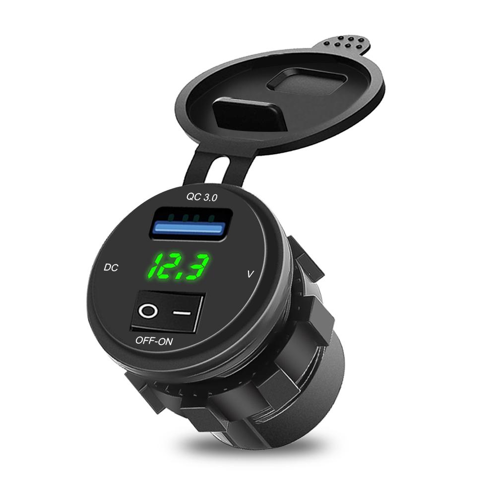 18W Car Phone Charger Socket with Digital Display Voltmeter QC 3.0 Fast Charger Adapter with ON-OFF Switch