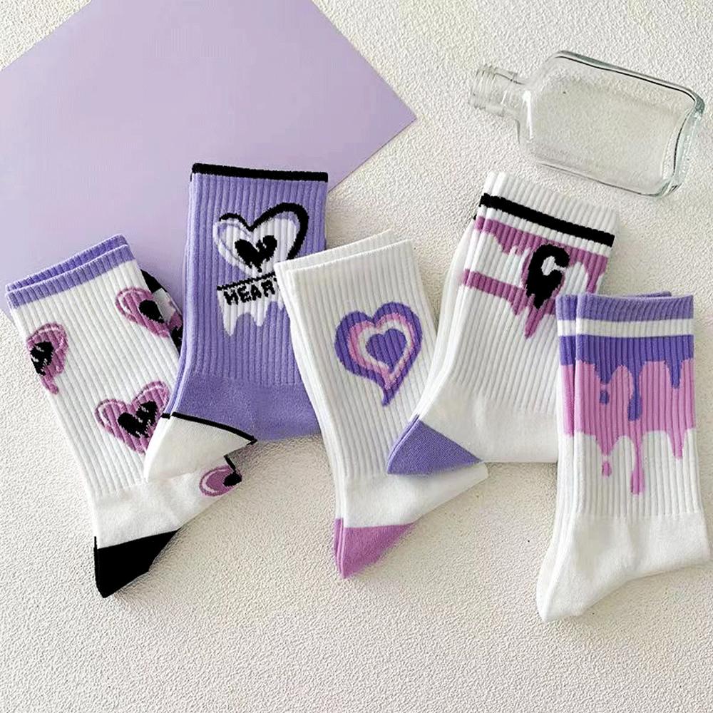 Женские белые носки, милые хлопковые носки с сердечками, Kawaii, консервативный корейский стиль, аниме, фиолетовые женские носки, комплект из 5 пар