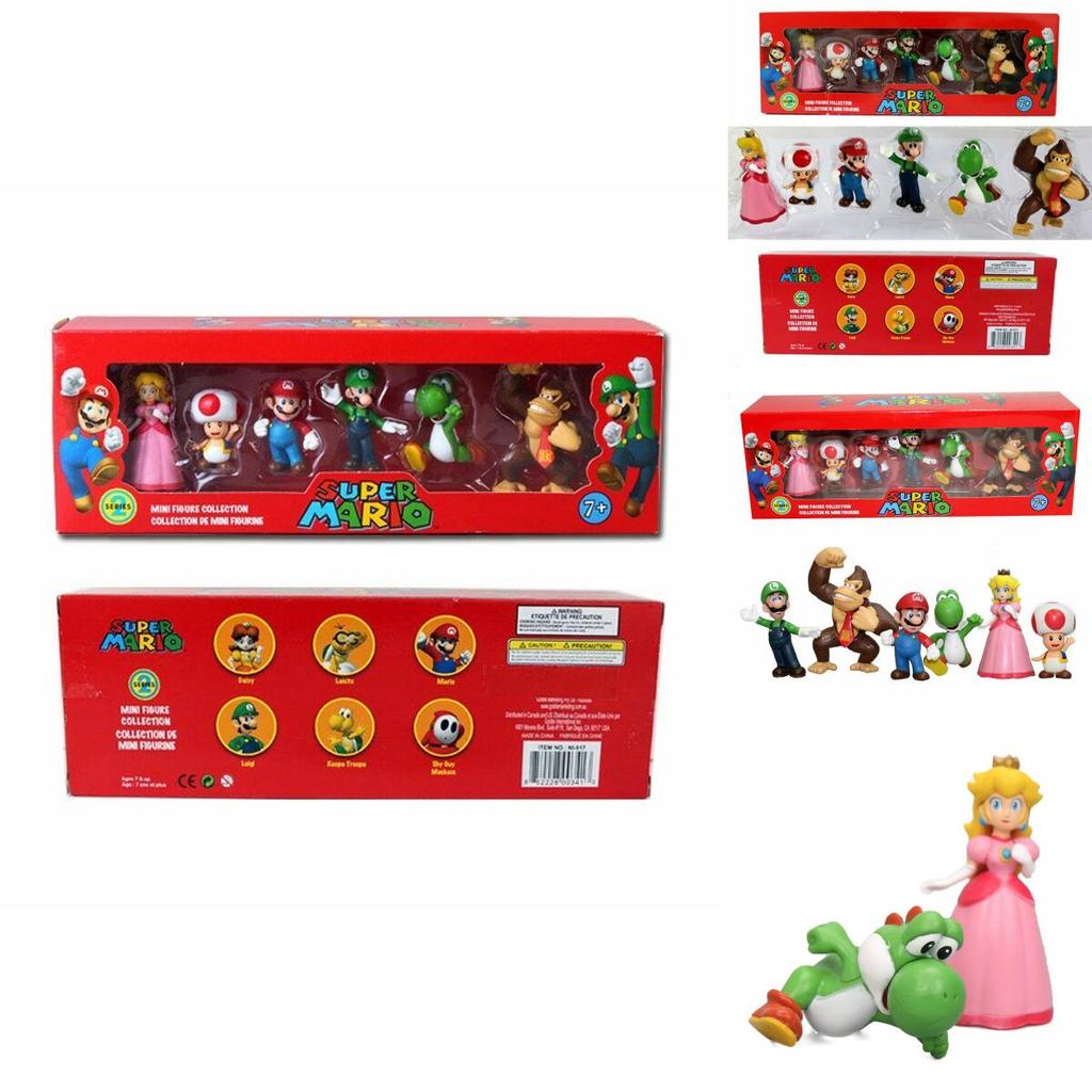 Набор из шести фигурок Супер Марио Брос, включающий Луиджи, Йоши и коллекционные грибы для детей