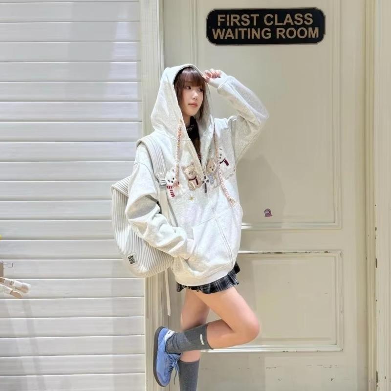 Cute Zip Up Hoodies Long Sleeve Tops Cartoon Dog Flocking Embroidery Jacket Women Kawaii Puppy Graphic Coat Fall Outerwear