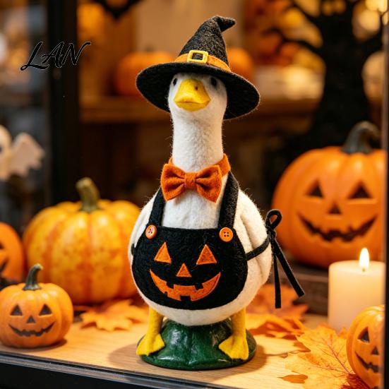 Fall Porch Ornament Halloween Mini Desk Goose Statue, Cute Small Figurine with Stable Base Statue Pumpkin Apron And Wizard Hat for Home Office